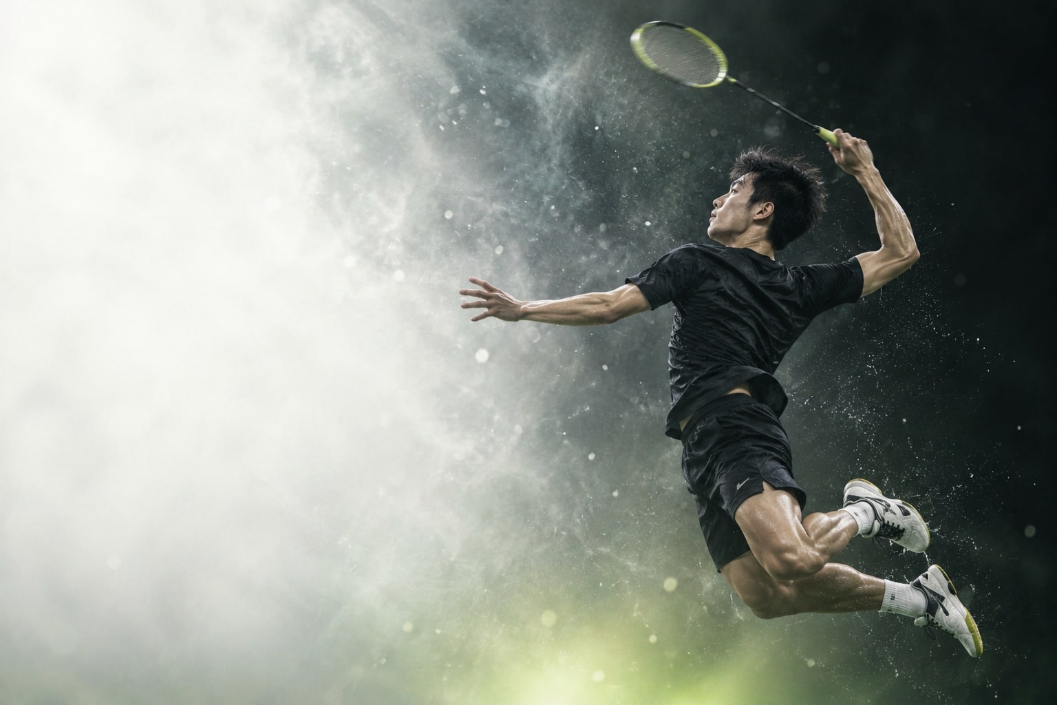 Badminton player mid-smash (AI-generated sample photo)